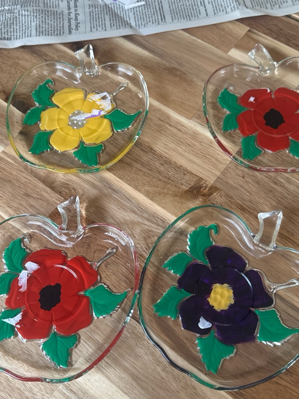 Set of 4 Handpainted Glass Apple Dishes with Floral Motifs vintage